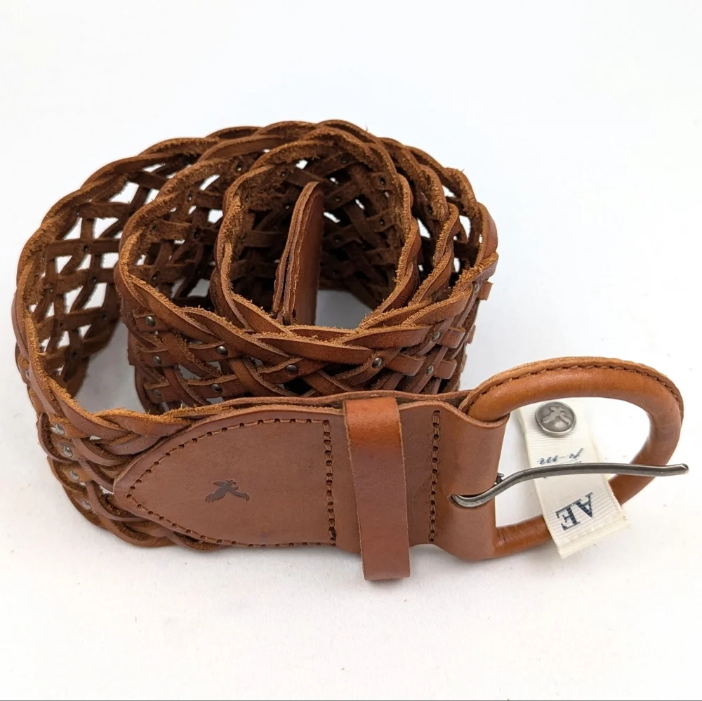 American Eagle Wide Leather Belt Woven Studded Braided Boho Cognac Brown S/M NWT